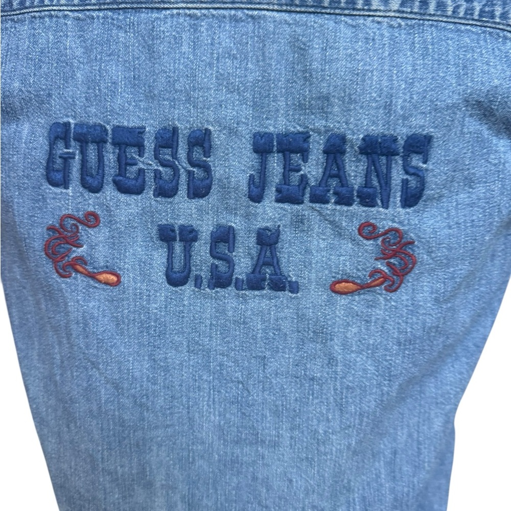 1990s Guess, Made in Hong Kong, Embroidered Front Pearl Snap Denim Sleeveless Sh